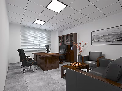 Modern Office Interior Design With Wooden Desk Leather Sofa Bookcase Window Blinds And Ceiling Lights 3d model