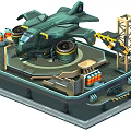 Green Fighter Jet On Military Platform With Equipment And Structural Design Elements 3d model