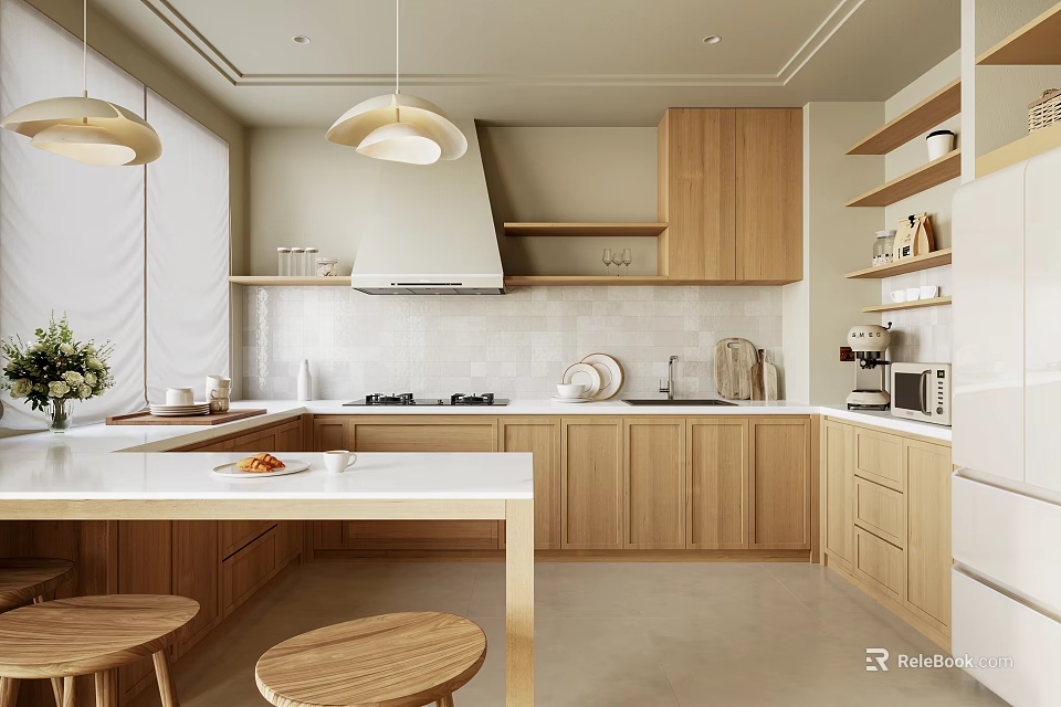 Modern Kitchen Interior Design With Wooden Cabinets White Countertop Island Counter Pendant Lights And Appliances 3d model 