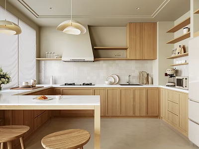 Modern Kitchen Interior Design With Wooden Cabinets White Countertop Island Counter Pendant Lights And Appliances 3d model
