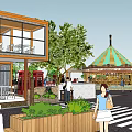 Modern Commercial Street with Glass Buildings Green Trees Red Telephone Booth Pedestrians and Decorative Installations