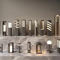 Modern Outdoor Lights With Various Stylish Designs Displayed On Marble Platform 3d model