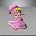 Princess Figure With Blonde Hair Pink Umbrella Pink Dress Crown Necklace Standing Against Gray Background