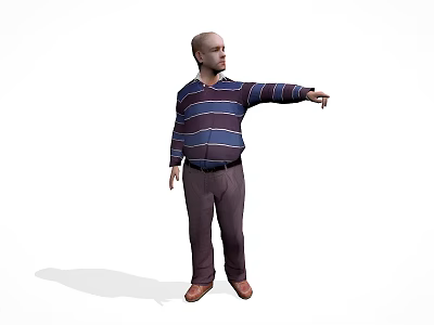 Man with bald head wearing blue and purple striped sweater pointing with outstretched hand 3d model
