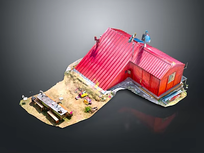 Red Roofed Small House Exterior With Ground Bench And Antenna Features 3d model