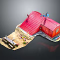 Red Roofed Small House Exterior With Ground Bench And Antenna Features