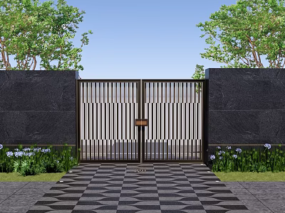 Modern Entrance Gate With Metal Slatted Design Black Stone Walls Green Plants Checkerboard Pathway 3d model