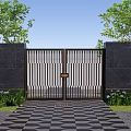 Modern Entrance Gate With Metal Slatted Design Black Stone Walls Green Plants Checkerboard Pathway