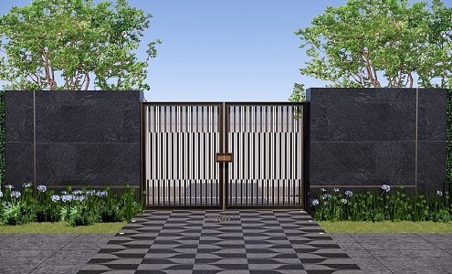 Courtyard Entrance Door Villa Enclosed Wall Green Wall Courtyard Iron Door Courtyard Door 3d model