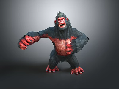 A fierce gorilla with black fur red belly and limbs standing against gray background 3d model