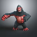 A fierce gorilla with black fur red belly and limbs standing against gray background