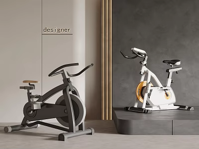 Modern Stationary Bikes As Sports Equipment With Gray White Frames Yellow Flywheel 3d model