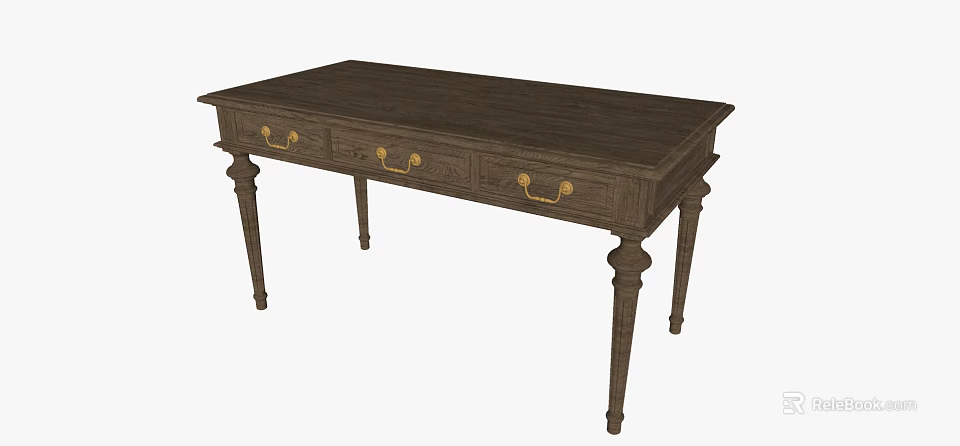 Dark Wooden Desk With Drawers Golden Handles And Carved Legs 3d model 