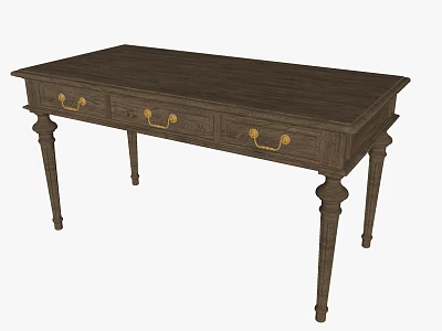 Dark Wooden Desk With Drawers Golden Handles And Carved Legs 3d model