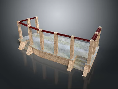 Scenic Historical Stone Structure with Stone Pillars Red Railings and Gray Floor 3d model