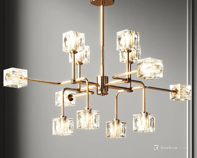 Elegant Modern Cube Crystal Chandelier With Brass Arms And Clear Glass Shades 3d model 