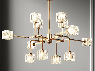 Elegant Modern Cube Crystal Chandelier With Brass Arms And Clear Glass Shades 3d model