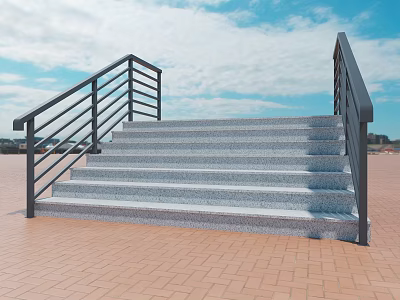 Outdoor Stairs With Gray Steps Black Railings Red Brick Floor Under Blue Sky White Clouds 3d model