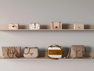 Stylish Handbags With Various Designs In Neutral Tones Displayed On Wall Shelves 3d model