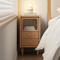 Wooden Nightstand in Bedroom with Drawers Lamp and Books Simple Modern Style Design