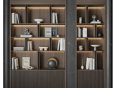 Modern Elegant Wooden Shelving Unit With Layered Shelves Books And Decorative Ornaments 3d model