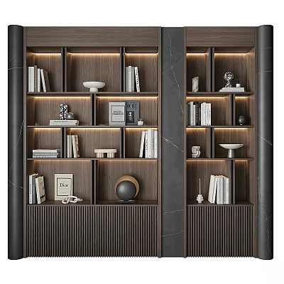 Modern Elegant Wooden Shelving Unit With Layered Shelves Books And Decorative Ornaments 3d model