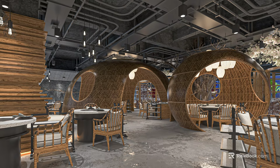 Rustic Modern Hotpot Restaurant Interior With Bamboo Arches And Round Tables 3d model 