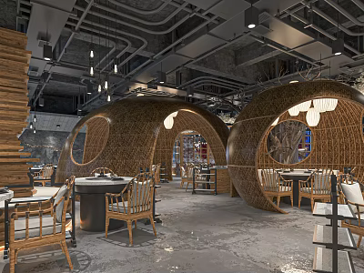 Rustic Modern Hotpot Restaurant Interior With Bamboo Arches And Round Tables 3d model