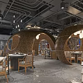 Rustic Modern Hotpot Restaurant Interior With Bamboo Arches And Round Tables