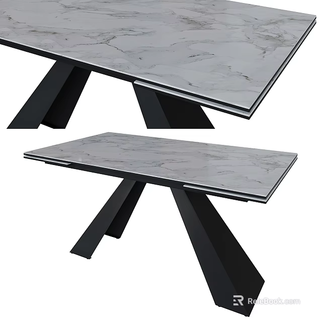 Modern Rectangular Light Grey Marble Top Dining Table With Sturdy Black Metal Legs 3d model 
