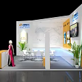 Modern Exhibition Booth Display Cabinets Shelves With Reception Counter Screens And Green Plants