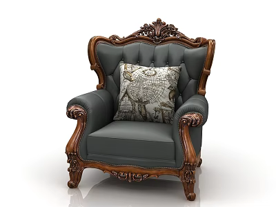 Classic Wooden Carved Single Sofa With Gray Upholstery And Decorative Pillow 3d model