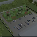 Organized Parking Lot With Multiple Cars Surrounded by Green Trees and Lawn