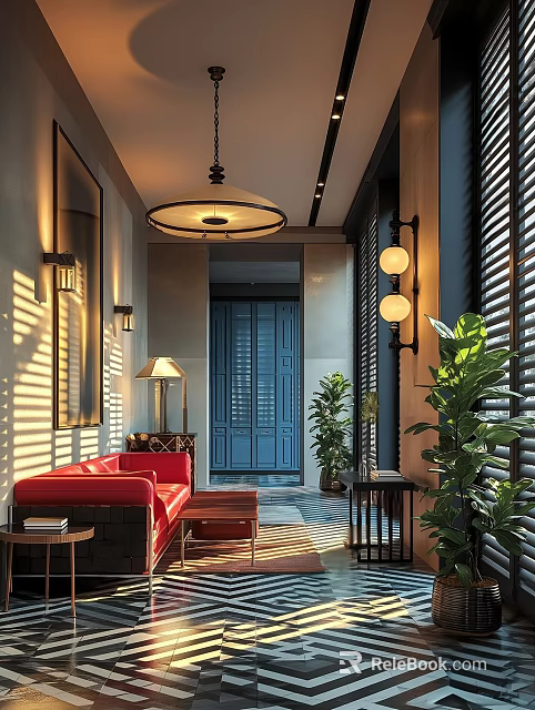 Hotel Public Lounge Area Featuring Red Sofa Blue Door Plants and Sunlight Through Shutter Blinds 3d model 
