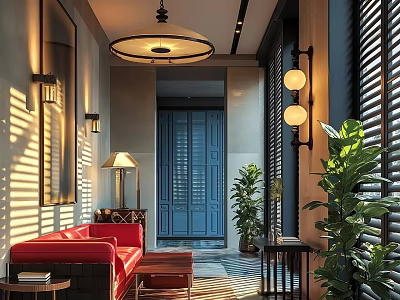 Hotel Public Lounge Area Featuring Red Sofa Blue Door Plants and Sunlight Through Shutter Blinds 3d model