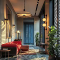 Hotel Public Lounge Area Featuring Red Sofa Blue Door Plants and Sunlight Through Shutter Blinds