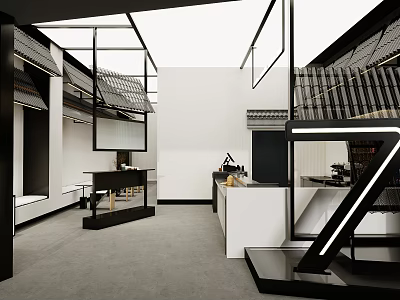 Modern Milk Tea Shop Interior With Open Kitchen Design And Black Metal Frames 3d model