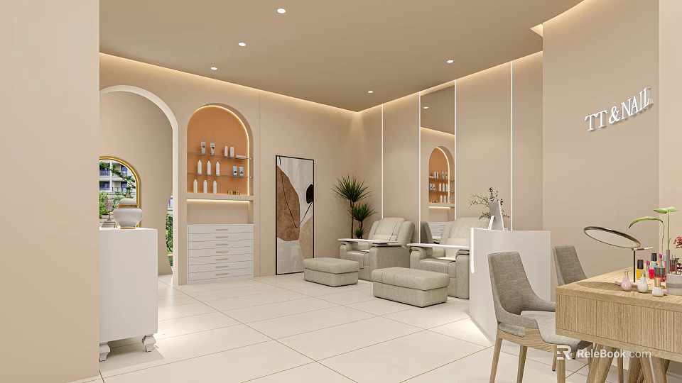 Modern Beauty Hair Salon Interior with Light colored Walls Mirrors Chairs Cabinets Plants and White Floors 3d model 