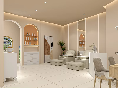 Modern Beauty Hair Salon Interior with Light colored Walls Mirrors Chairs Cabinets Plants and White Floors 3d model