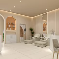 Modern Beauty Hair Salon Interior with Light colored Walls Mirrors Chairs Cabinets Plants and White Floors