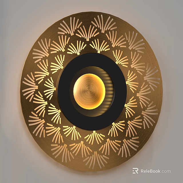 Elegant Golden Circular Wall Lamp With Fan Shaped Carved Patterns And Black Inner Ring 3d model 