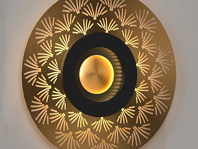 Elegant Golden Circular Wall Lamp With Fan Shaped Carved Patterns And Black Inner Ring 3d model