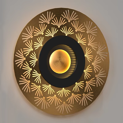 Elegant Golden Circular Wall Lamp With Fan Shaped Carved Patterns And Black Inner Ring 3d model