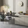 Modern Dining Table Set With Gray Chairs Counter Fruits Plants And Pendant Lights