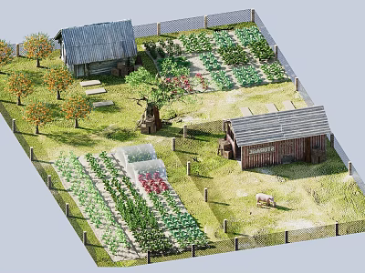 Idyllic Rural Landscape With Cottages Vegetable Gardens Fruit Trees Paths And Fence 3d model