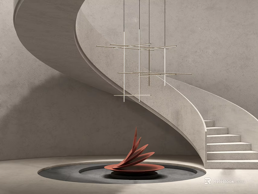 Modern Concrete Spiral Staircase With Red Sculpture And Hanging Linear Lights In Interior 3d model 