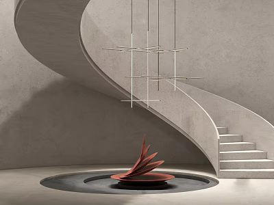 Modern Concrete Spiral Staircase With Red Sculpture And Hanging Linear Lights In Interior 3d model