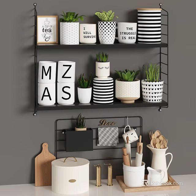 Stylish Black And White Kitchen Shelves With Storage Jars Plants And Utensils 3d model 