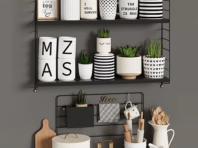 Stylish Black And White Kitchen Shelves With Storage Jars Plants And Utensils 3d model