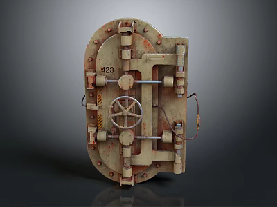 Vintage Metal Safe Door with Rusted Rivets Combination Lock Wheel and Number 23 Design Details 3d model